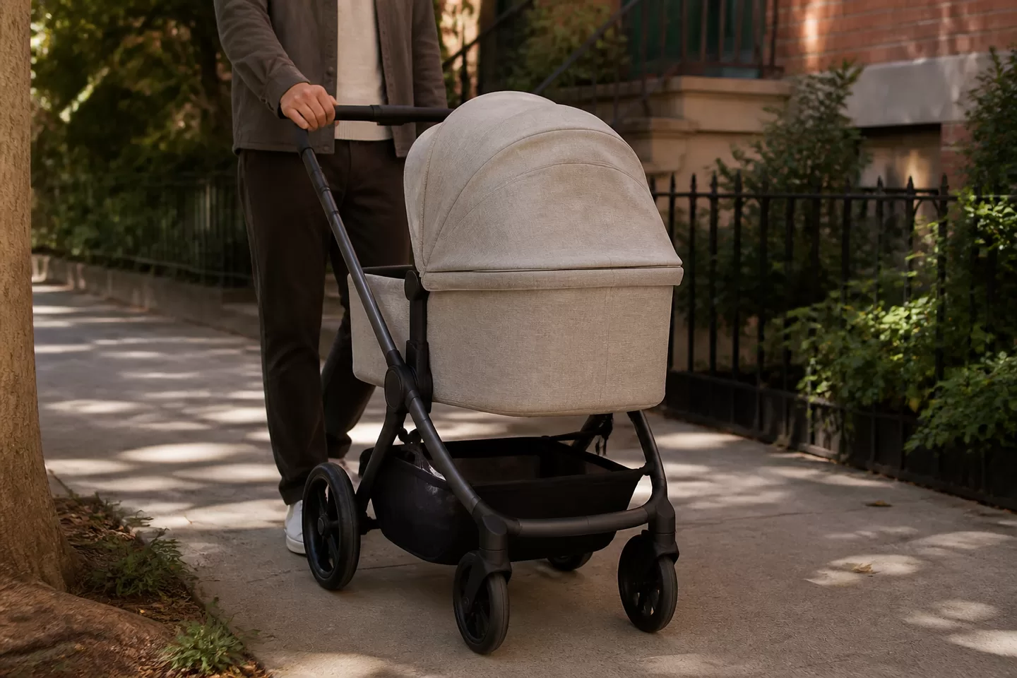 An unbranded oatmeal stroller being pushed along a shaded neighborhood sidewalk